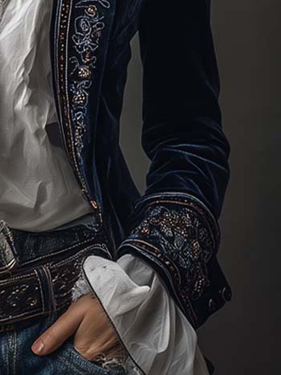 Athénaïs Navy Vintage Embroidered Long Jacket
