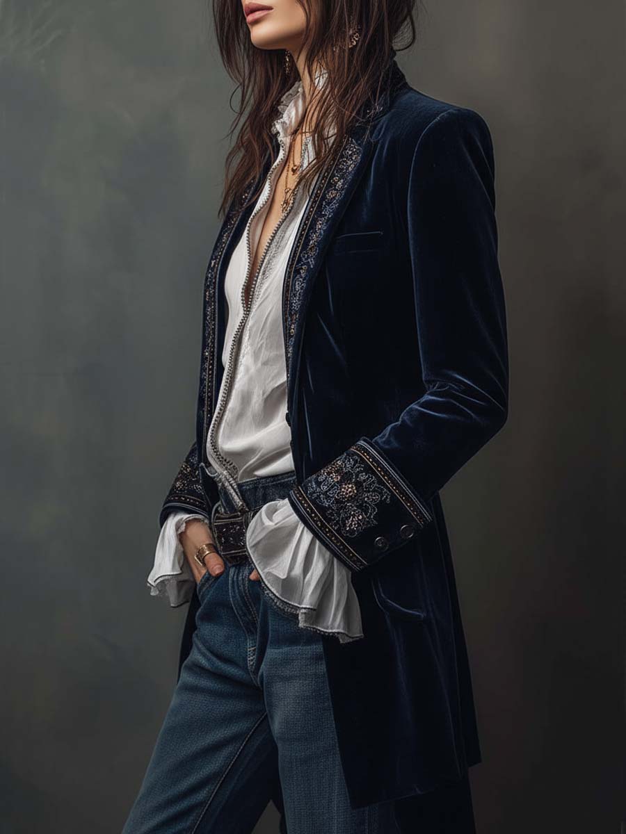Athénaïs Navy Vintage Embroidered Long Jacket