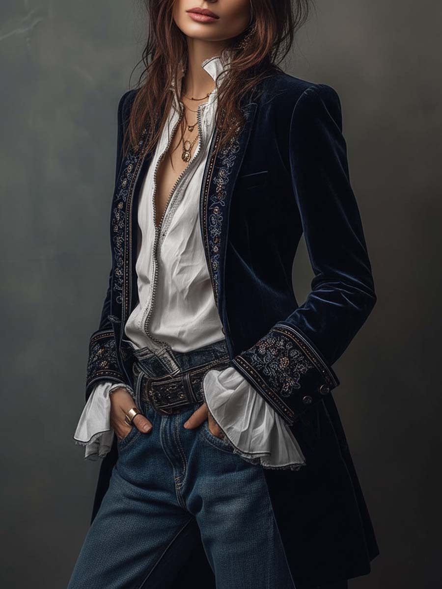 Athénaïs Navy Vintage Embroidered Long Jacket
