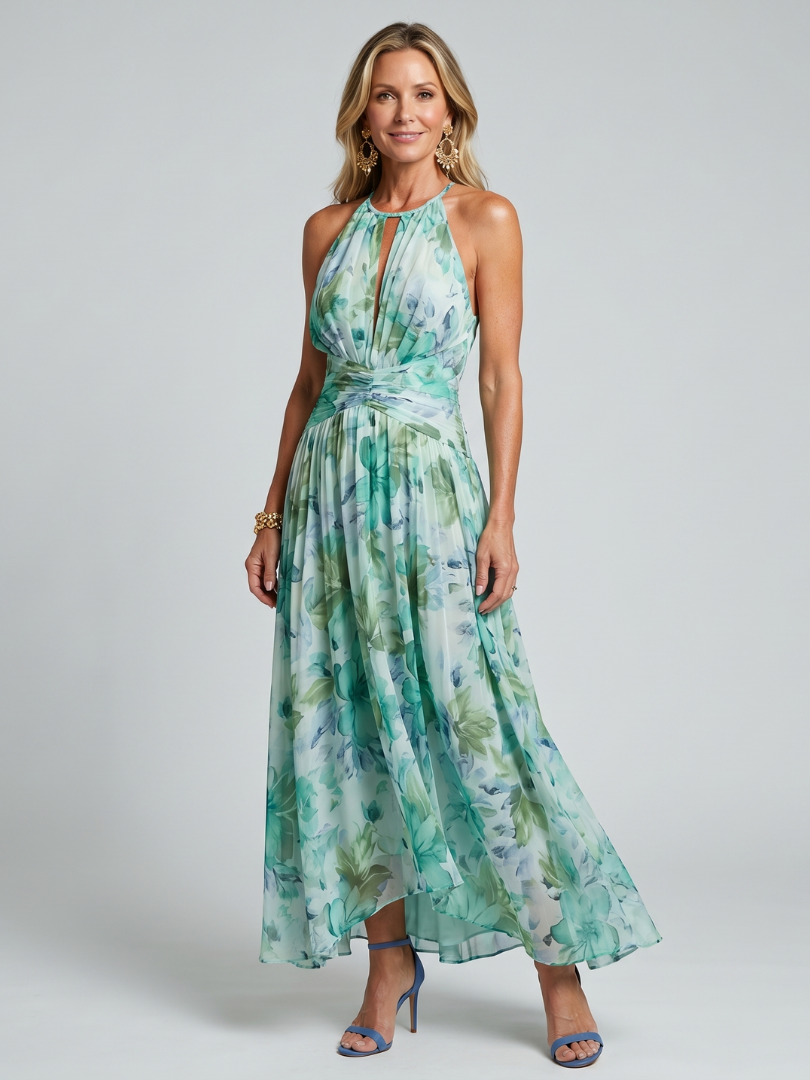 Portia Midi Dress in Pleated Crêpe with Halter Neckline and Floral Print