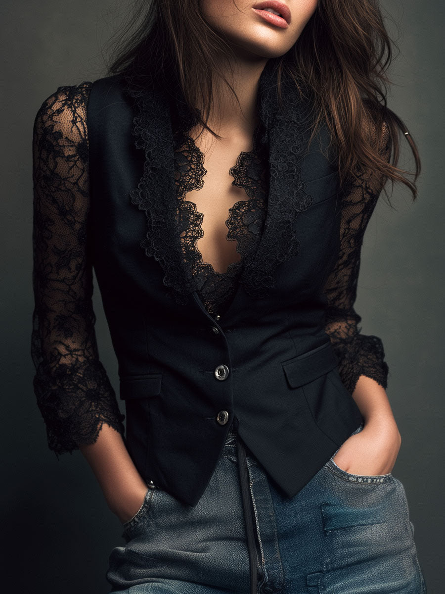 Noémie Black Blazer Top with Sheer Sleeves