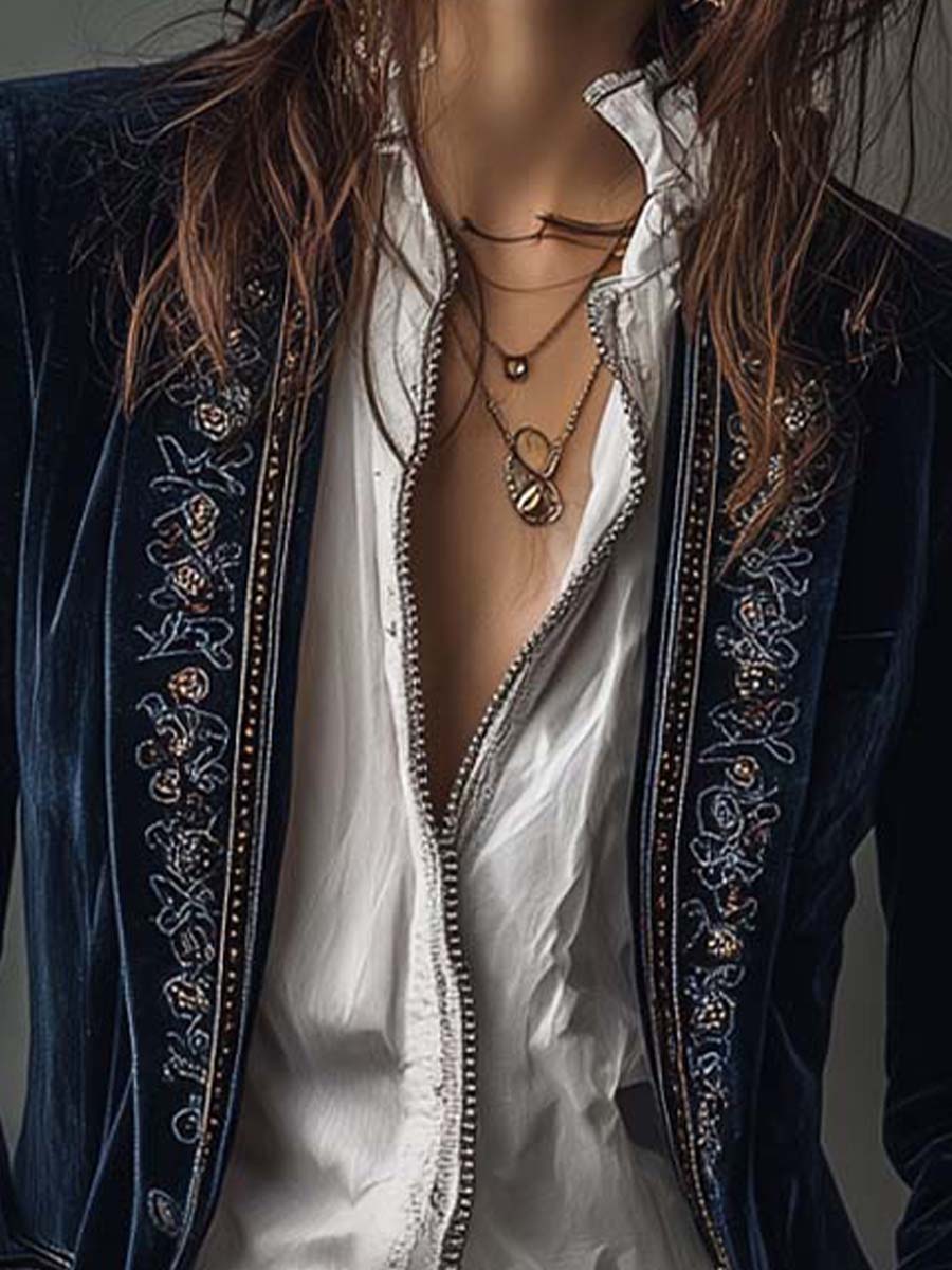 Athénaïs Navy Vintage Embroidered Long Jacket