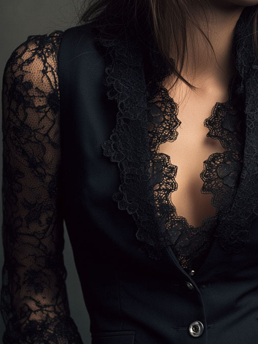Noémie Black Blazer Top with Sheer Sleeves