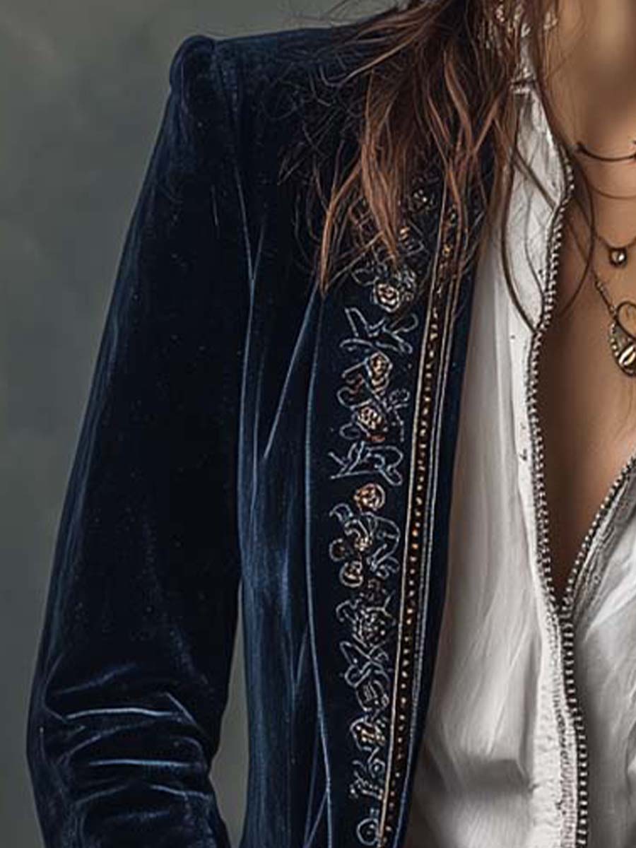 Athénaïs Navy Vintage Embroidered Long Jacket
