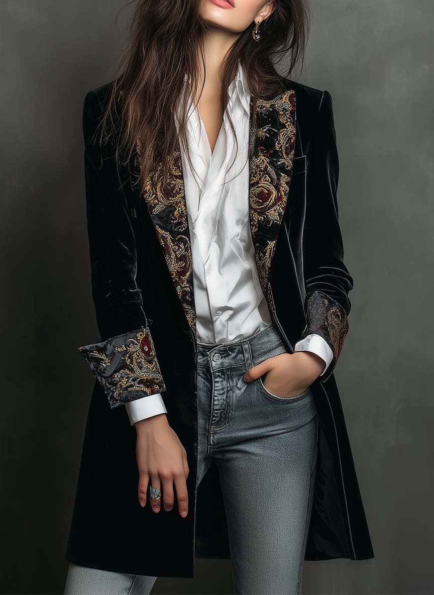 Léontine Black Baroque Print Fitted Blazer