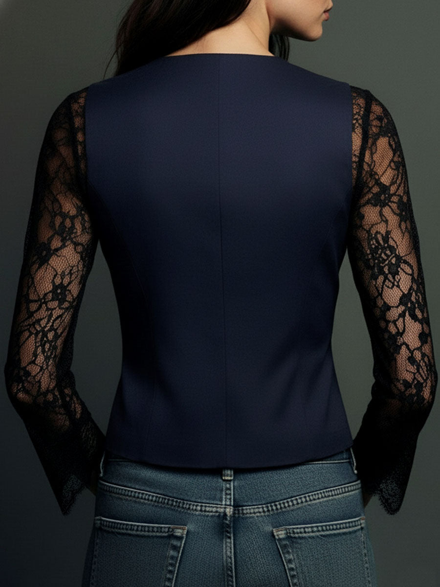 Noémie Black Blazer Top with Sheer Sleeves