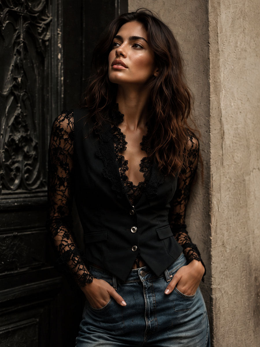 Noémie Black Blazer Top with Sheer Sleeves