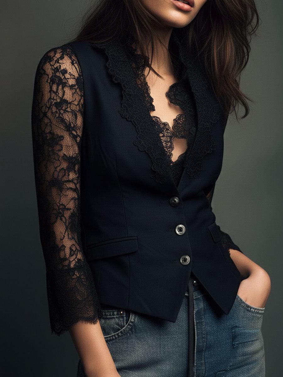 Noémie Black Blazer Top with Sheer Sleeves