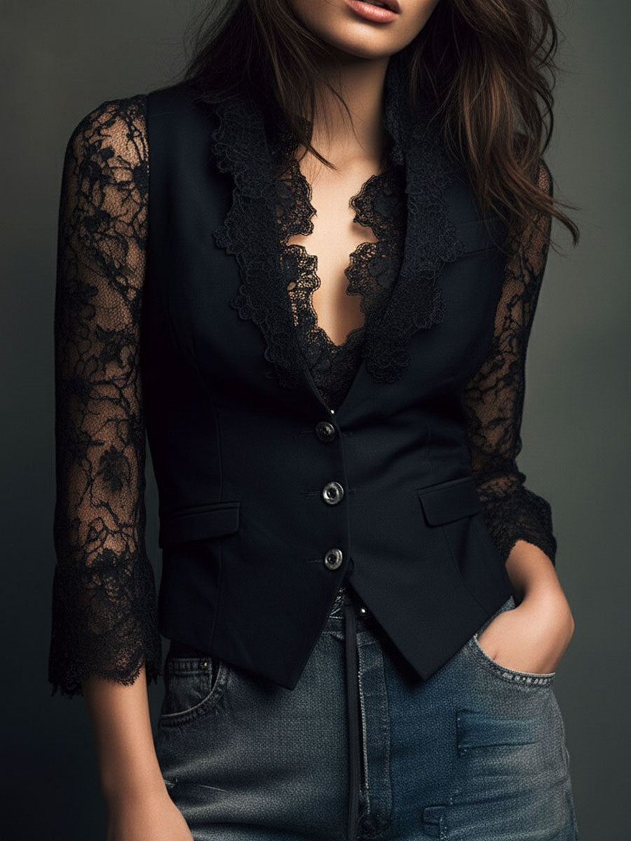 Noémie Black Blazer Top with Sheer Sleeves