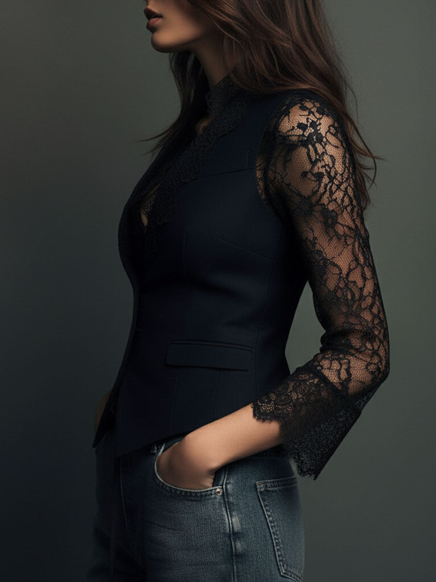 Noémie Black Blazer Top with Sheer Sleeves