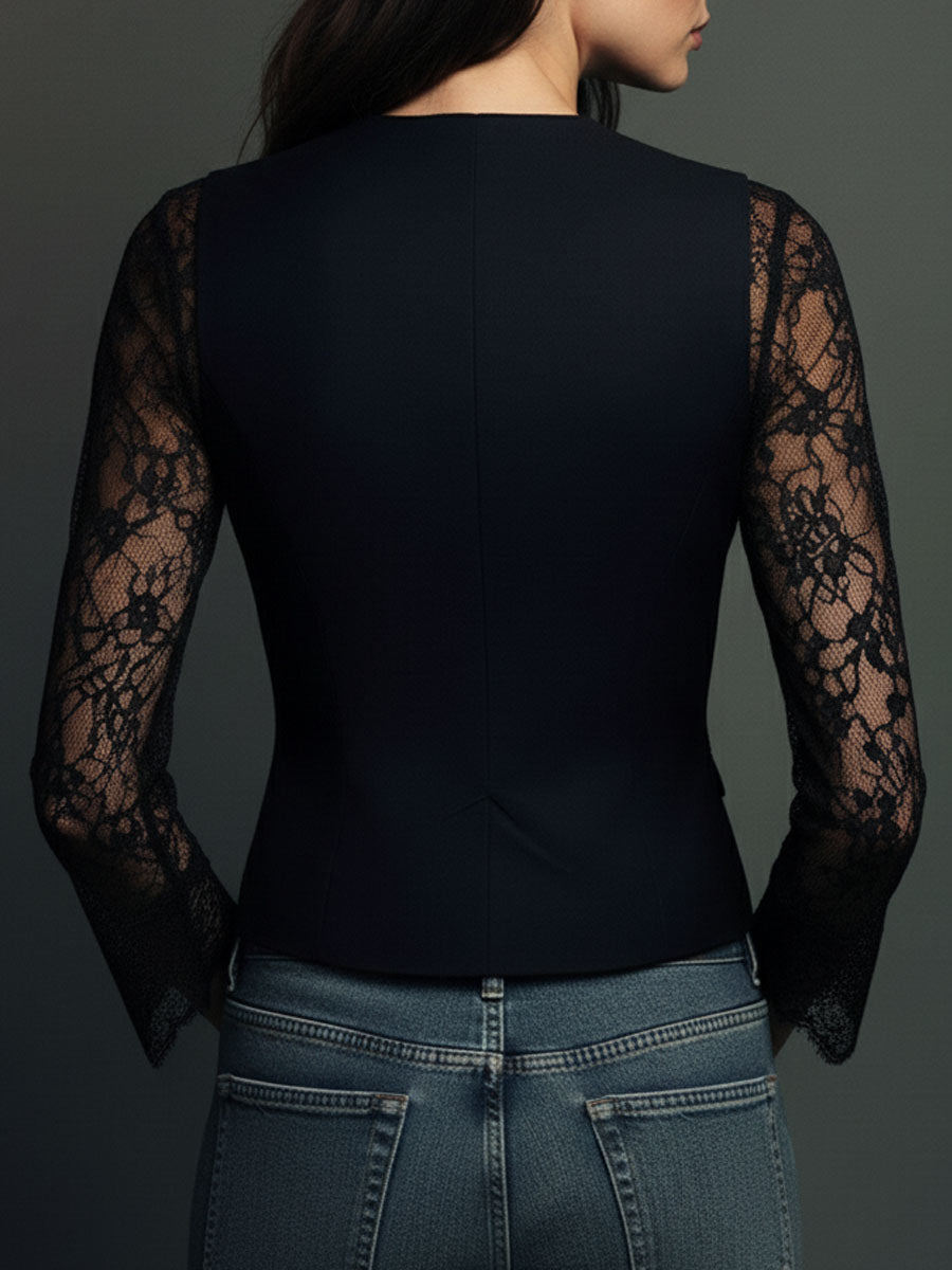 Noémie Black Blazer Top with Sheer Sleeves