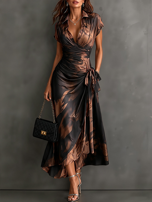 Brown & Black Abstract Print Wrap Midi Dress