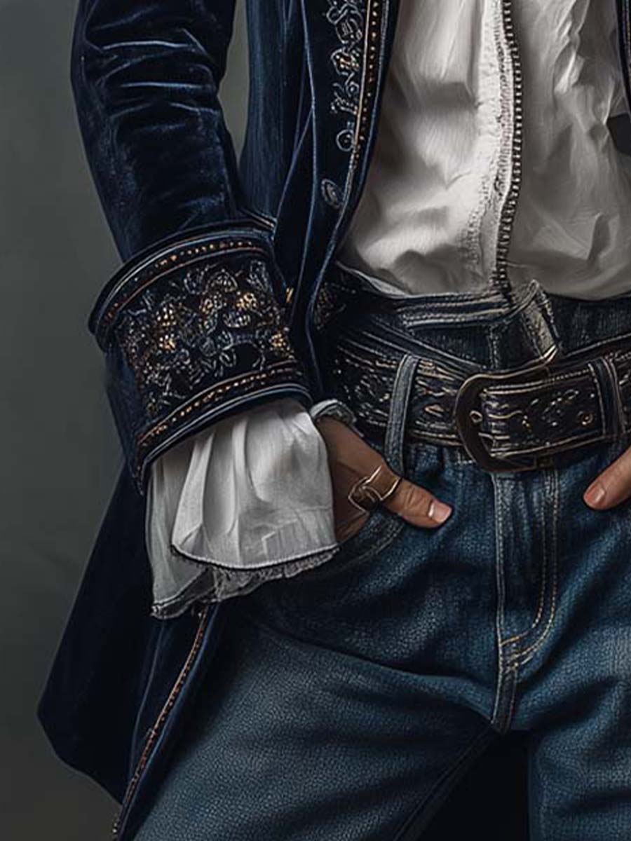 Athénaïs Navy Vintage Embroidered Long Jacket