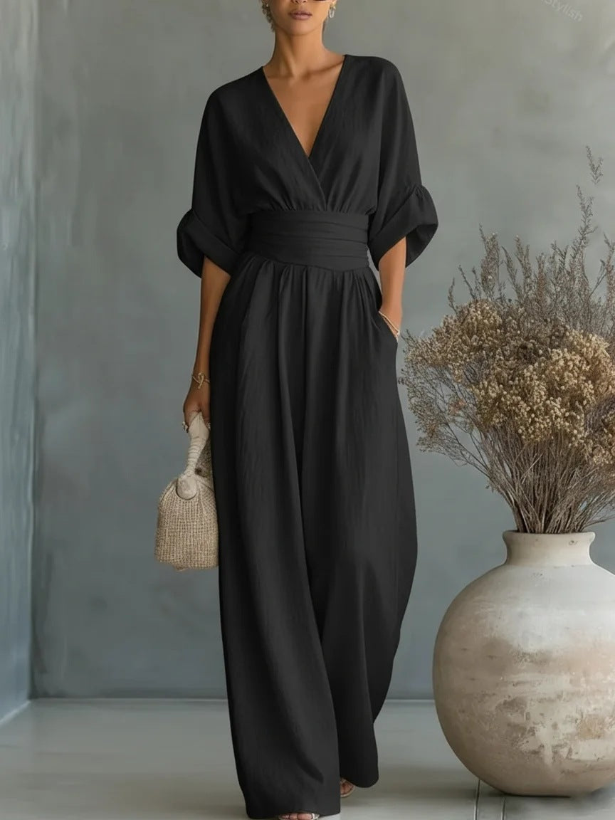 Elegant V-Neck Open Back Dress with Fluid Sleeves