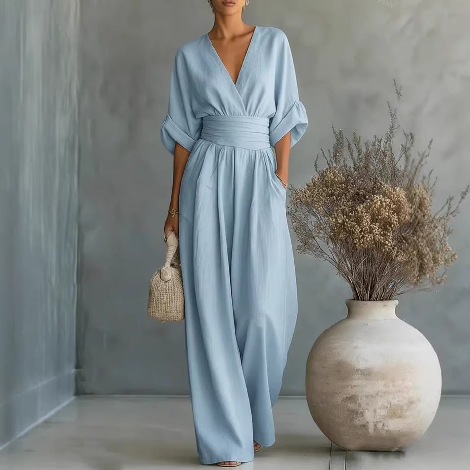 Elegant V-Neck Open Back Dress with Fluid Sleeves
