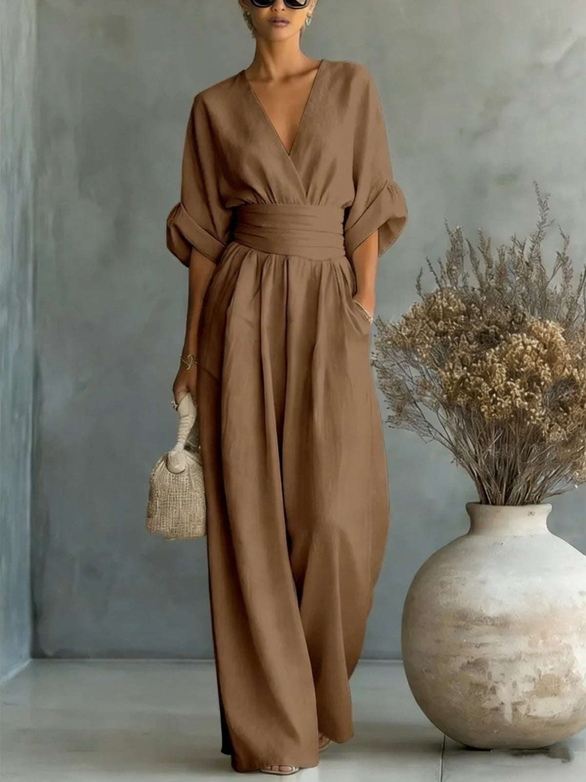 Elegant V-Neck Open Back Dress with Fluid Sleeves