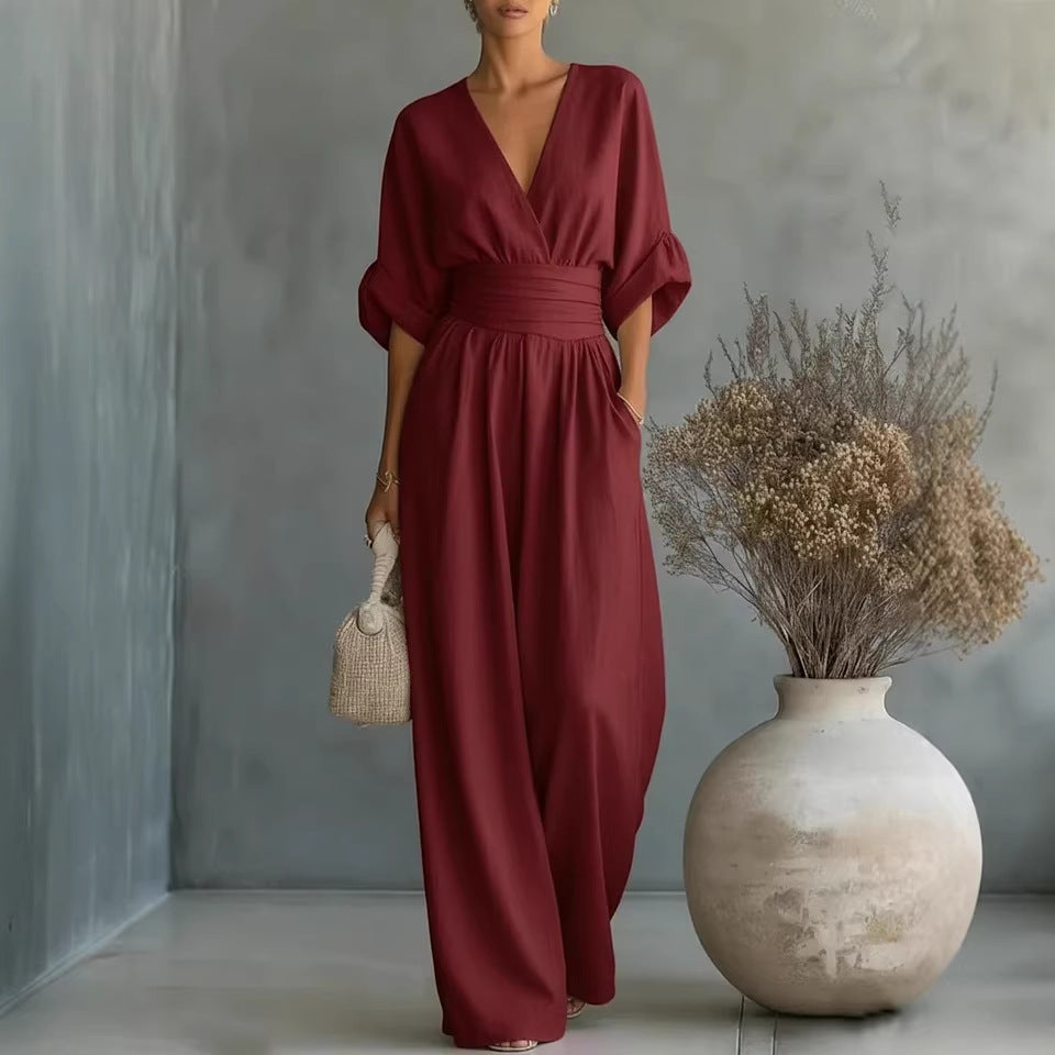 Elegant V-Neck Open Back Dress with Fluid Sleeves