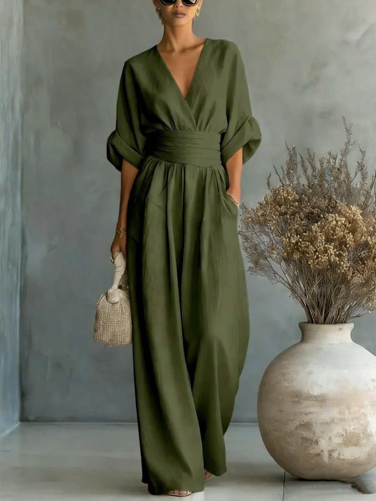 Elegant V-Neck Open Back Dress with Fluid Sleeves