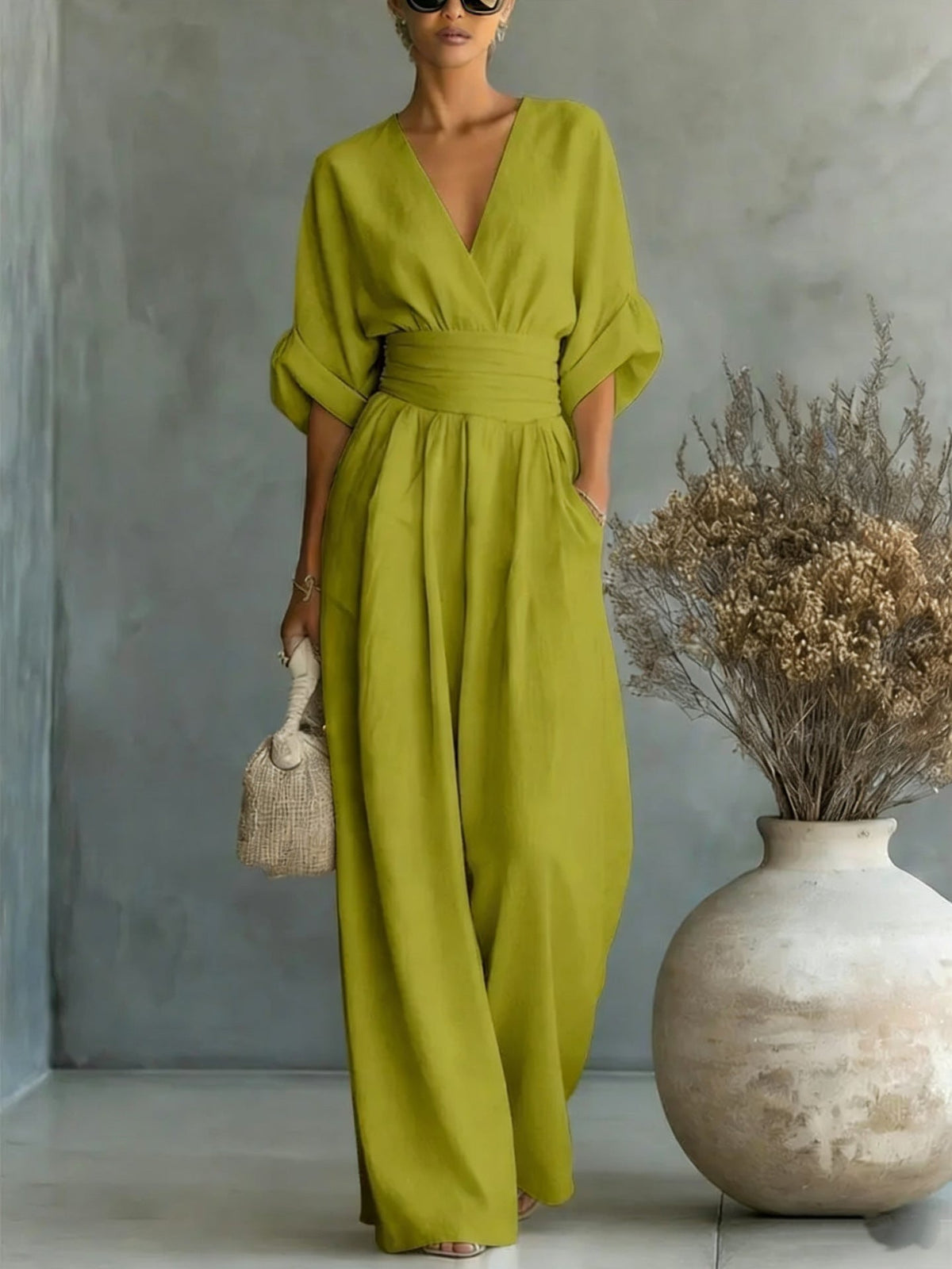 Elegant V-Neck Open Back Dress with Fluid Sleeves