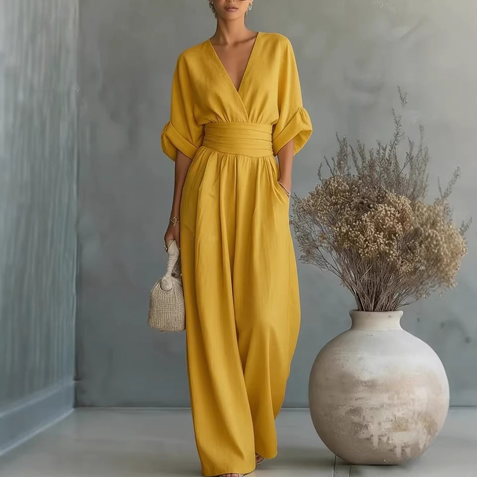 Elegant V-Neck Open Back Dress with Fluid Sleeves