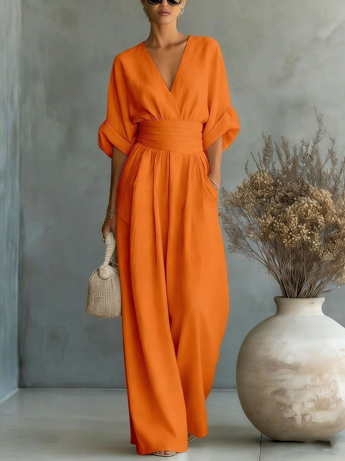 Elegant V-Neck Open Back Dress with Fluid Sleeves