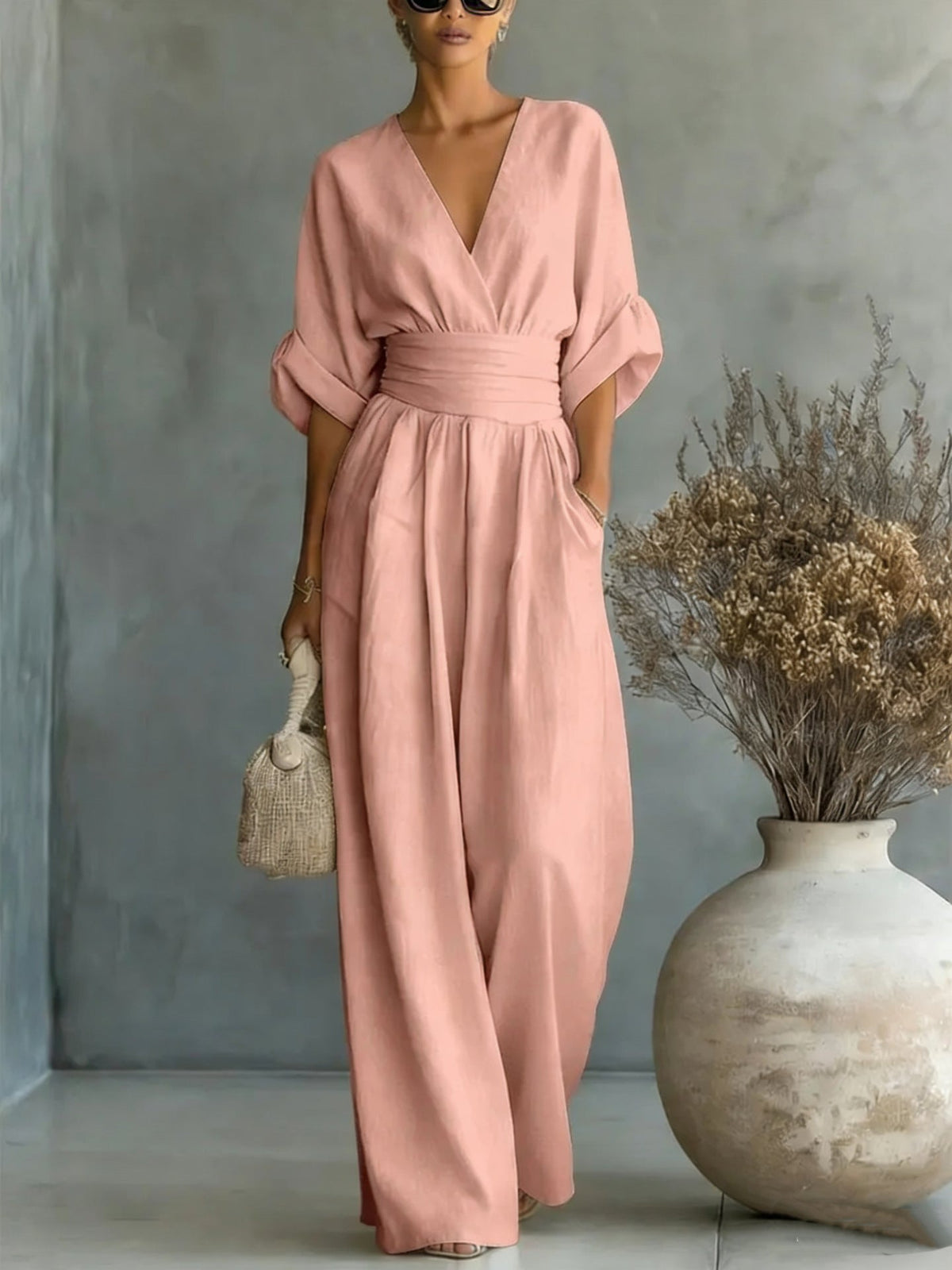 Elegant V-Neck Open Back Dress with Fluid Sleeves