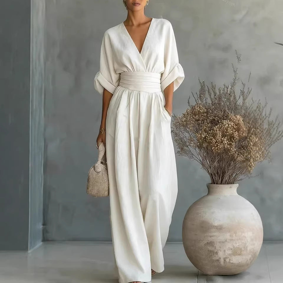 Elegant V-Neck Open Back Dress with Fluid Sleeves