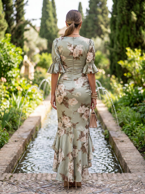 Asymmetric Long Green Satin Dress with V-Neckline - Ana