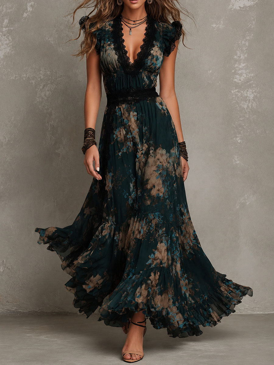 GILLIAN | ROBE MAXI À VOLANTS FLEURIE FONCÉE