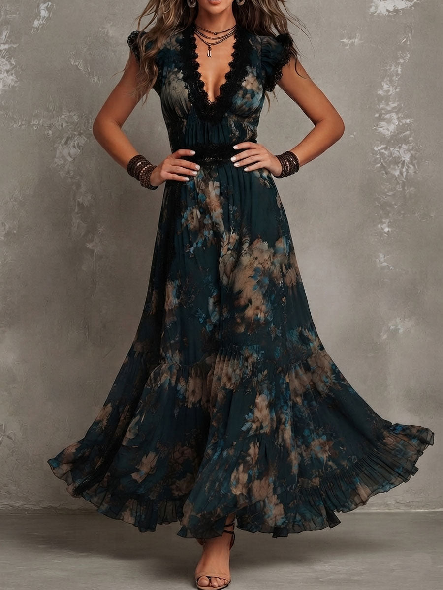 GILLIAN | ROBE MAXI À VOLANTS FLEURIE FONCÉE