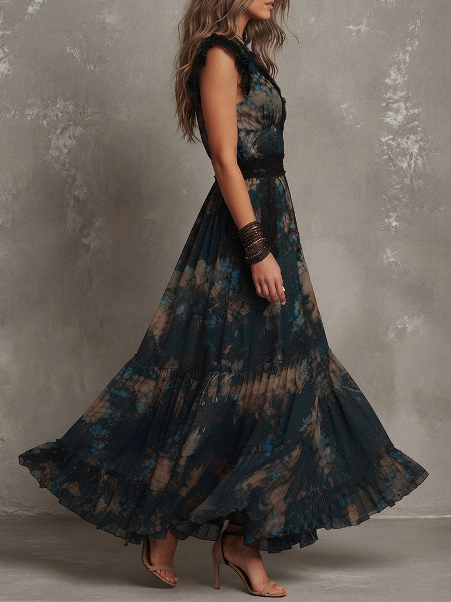 GILLIAN | ROBE MAXI À VOLANTS FLEURIE FONCÉE