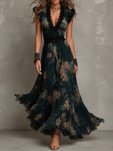 GILLIAN | ROBE MAXI À VOLANTS FLEURIE FONCÉE