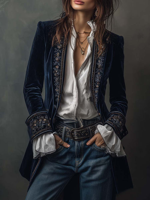 Athénaïs Navy Vintage Embroidered Long Jacket