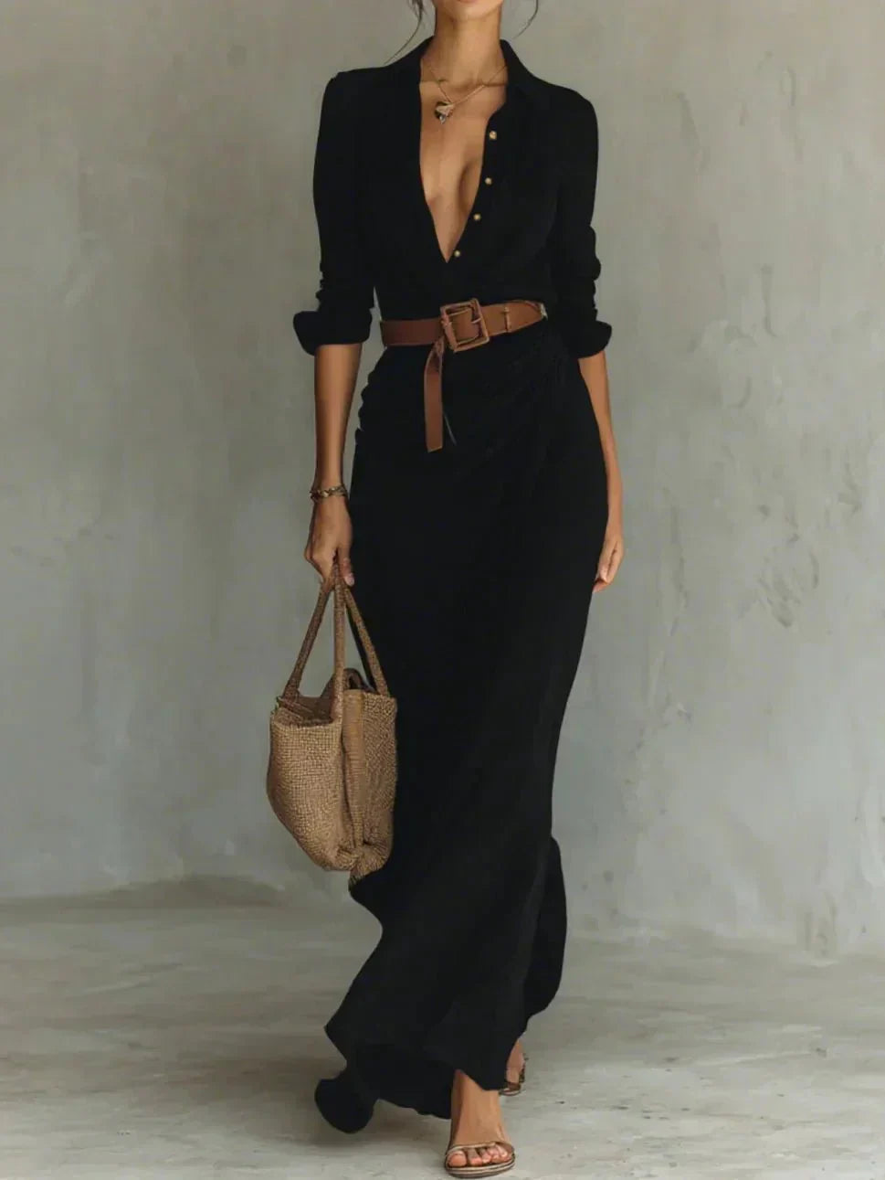 Camille™ | Maxi Dress with Lapels and Belt at the Waist