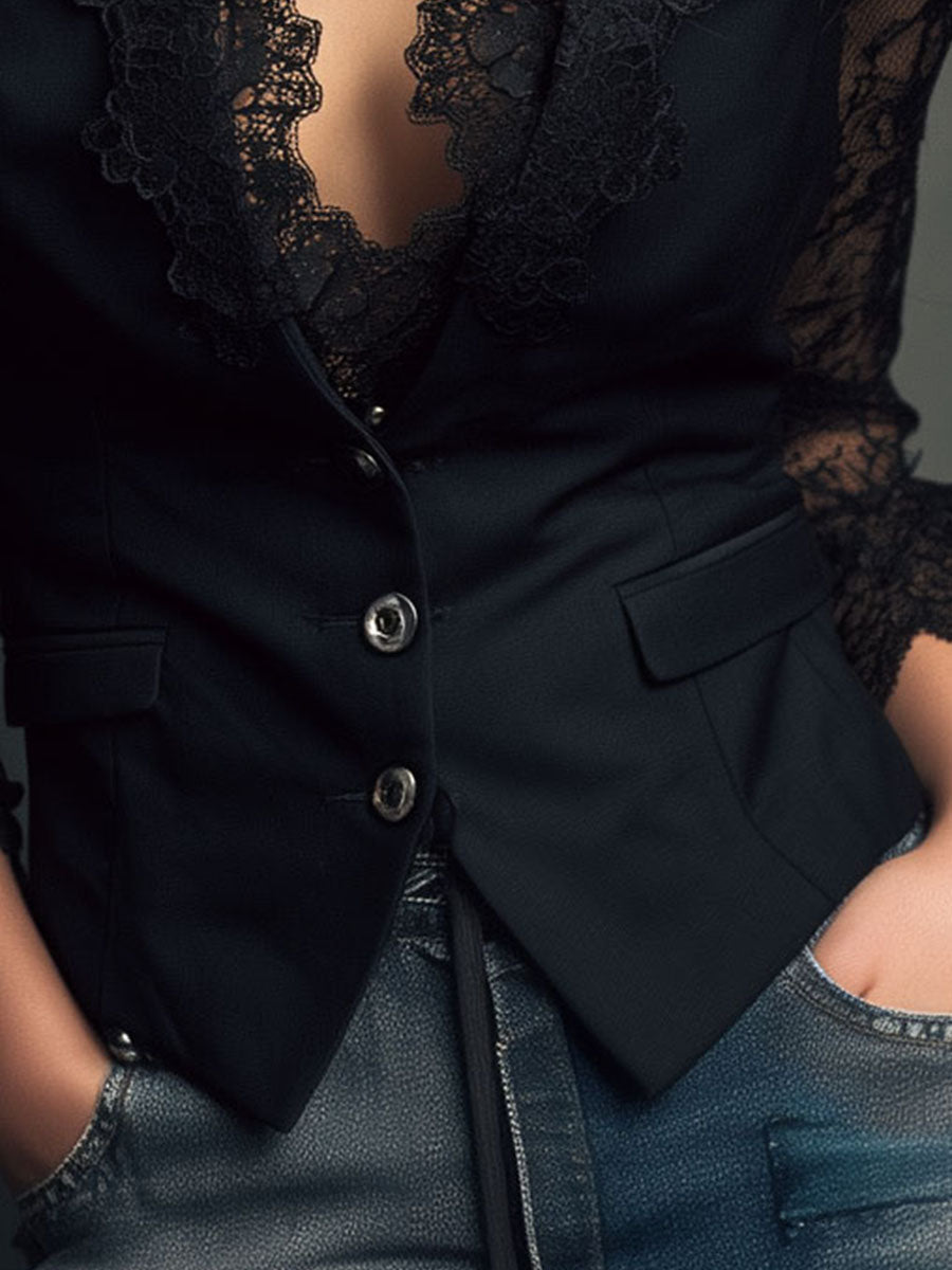 Noémie Black Blazer Top with Sheer Sleeves