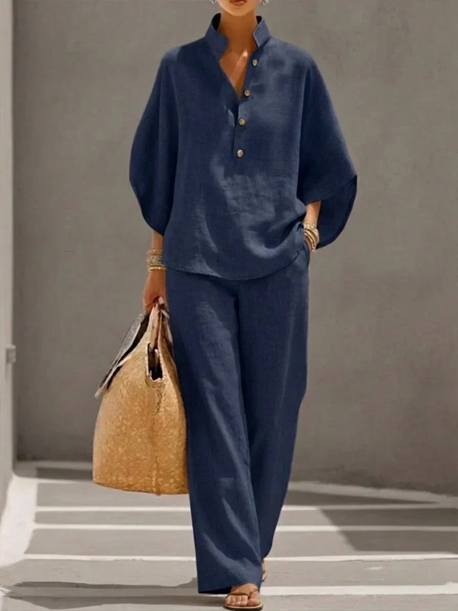 Maribel | Ensemble en lin avec manches chauve-souris et pantalon large