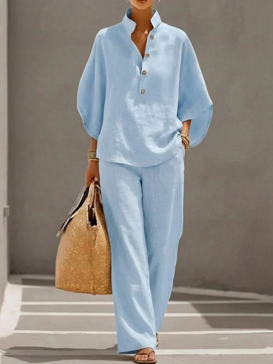 Maribel | Ensemble en lin avec manches chauve-souris et pantalon large