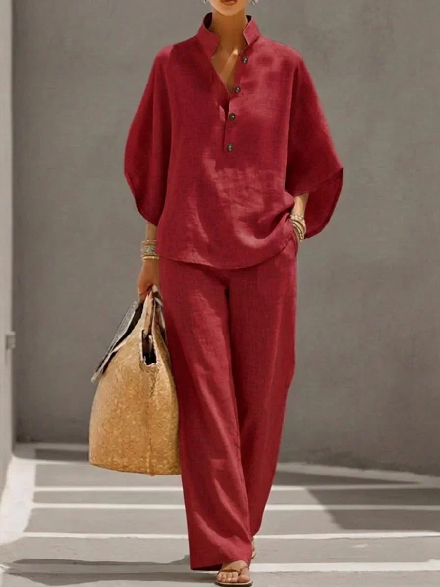 Maribel | Ensemble en lin avec manches chauve-souris et pantalon large