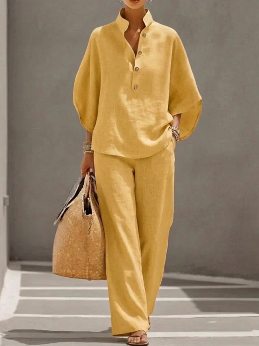 Maribel | Ensemble en lin avec manches chauve-souris et pantalon large