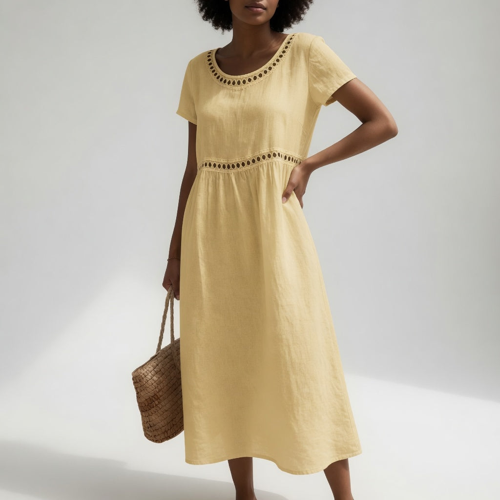 Pernelle™ — Robe mi-longue 100% coton brodée féminité douce