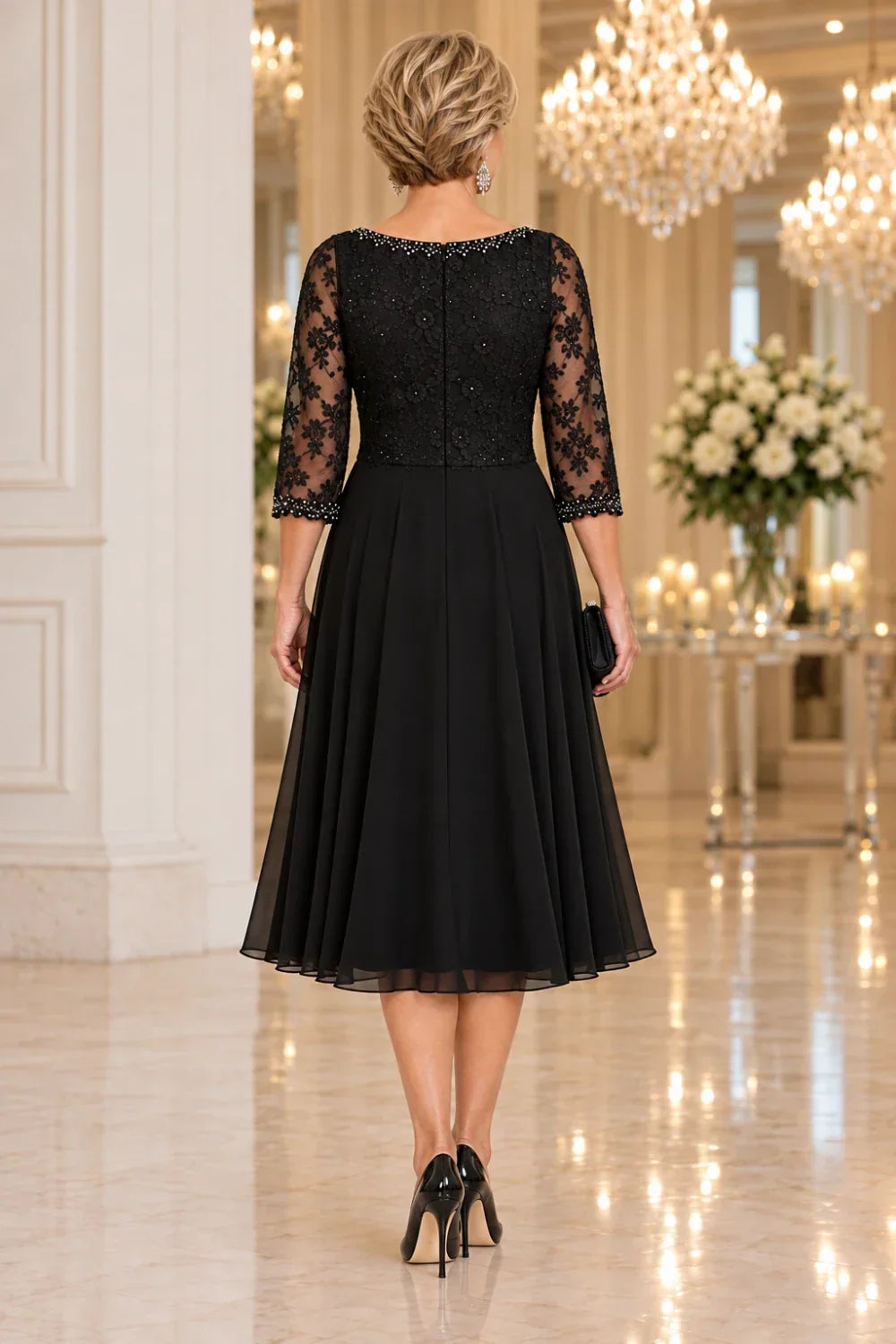 Black Floral Lace-Bodice Midi Dress with Three-Quarter Sleeves