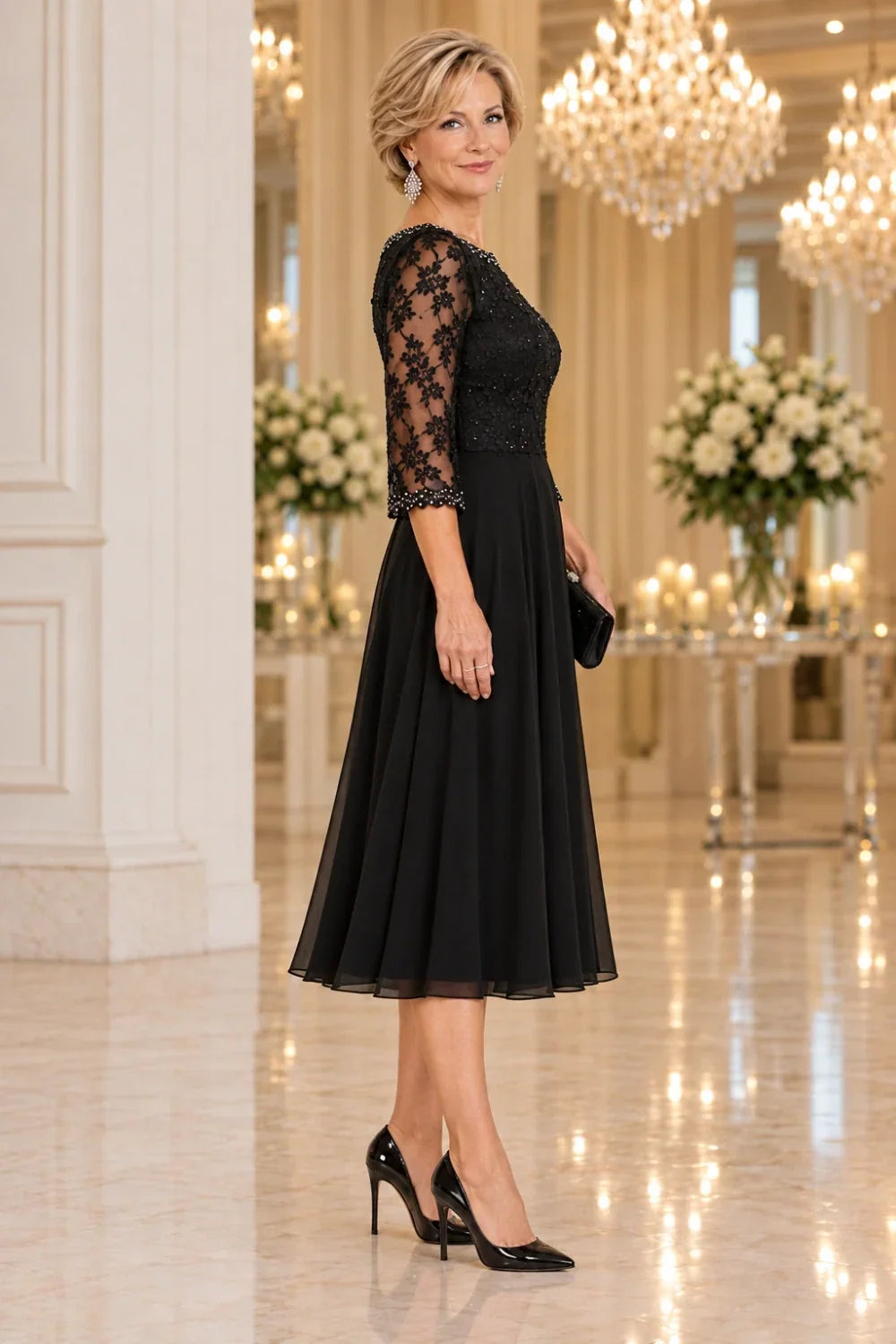 Black Floral Lace-Bodice Midi Dress with Three-Quarter Sleeves