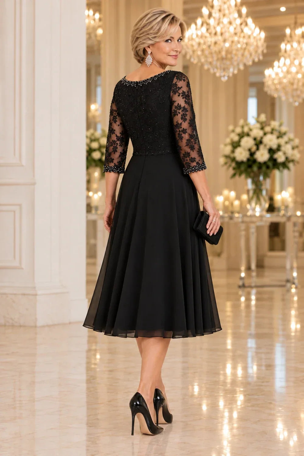 Black Floral Lace-Bodice Midi Dress with Three-Quarter Sleeves