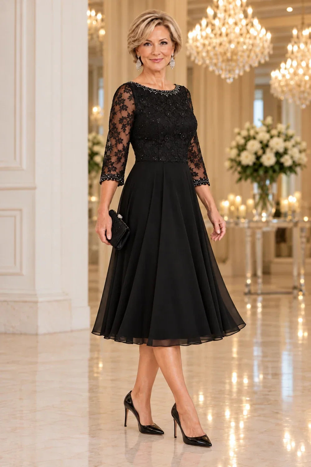 Black Floral Lace-Bodice Midi Dress with Three-Quarter Sleeves