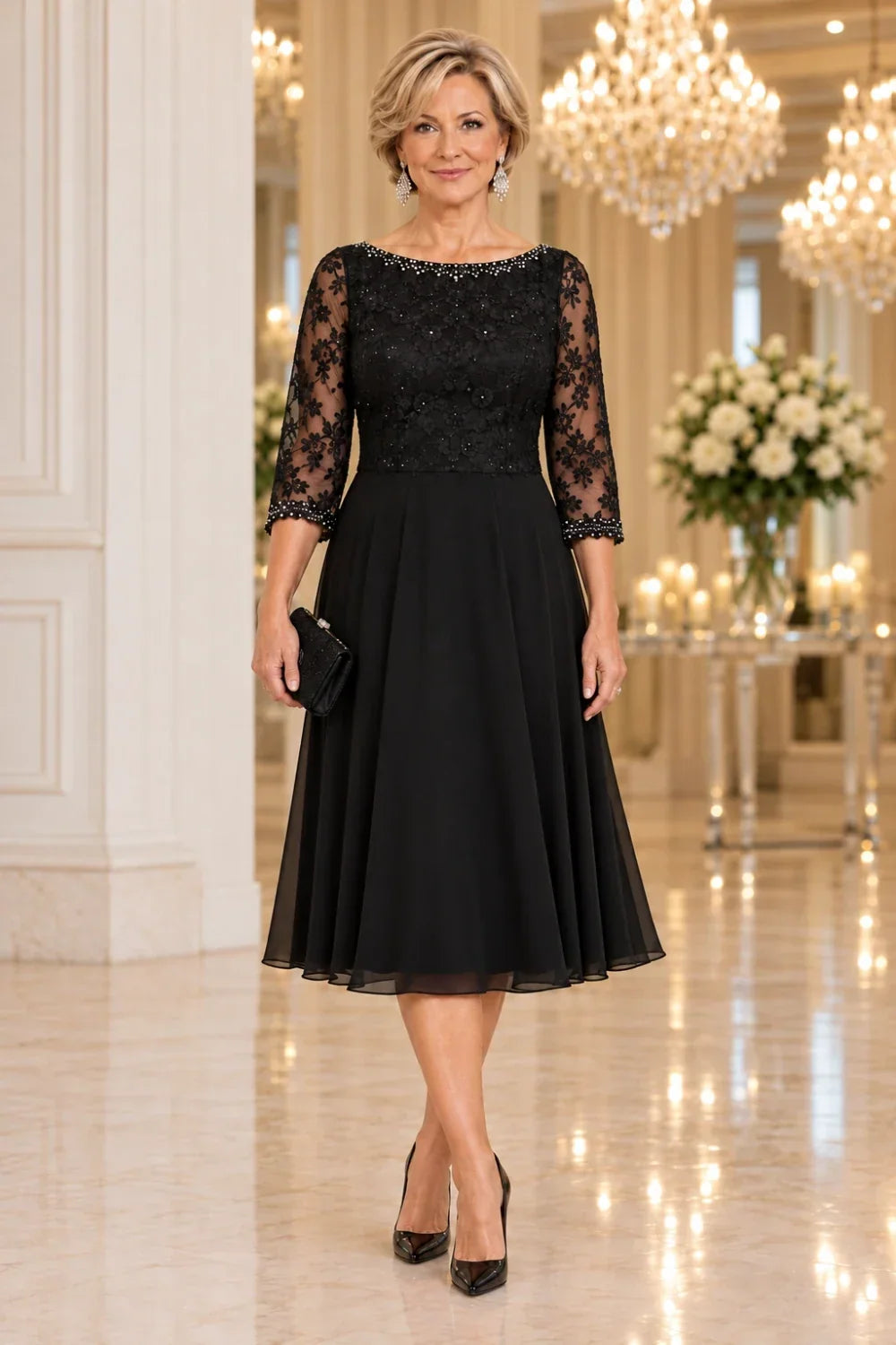 Black Floral Lace-Bodice Midi Dress with Three-Quarter Sleeves