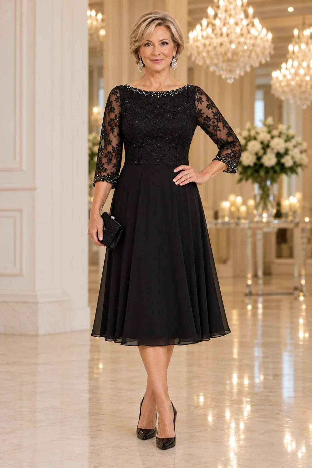 Black Floral Lace-Bodice Midi Dress with Three-Quarter Sleeves