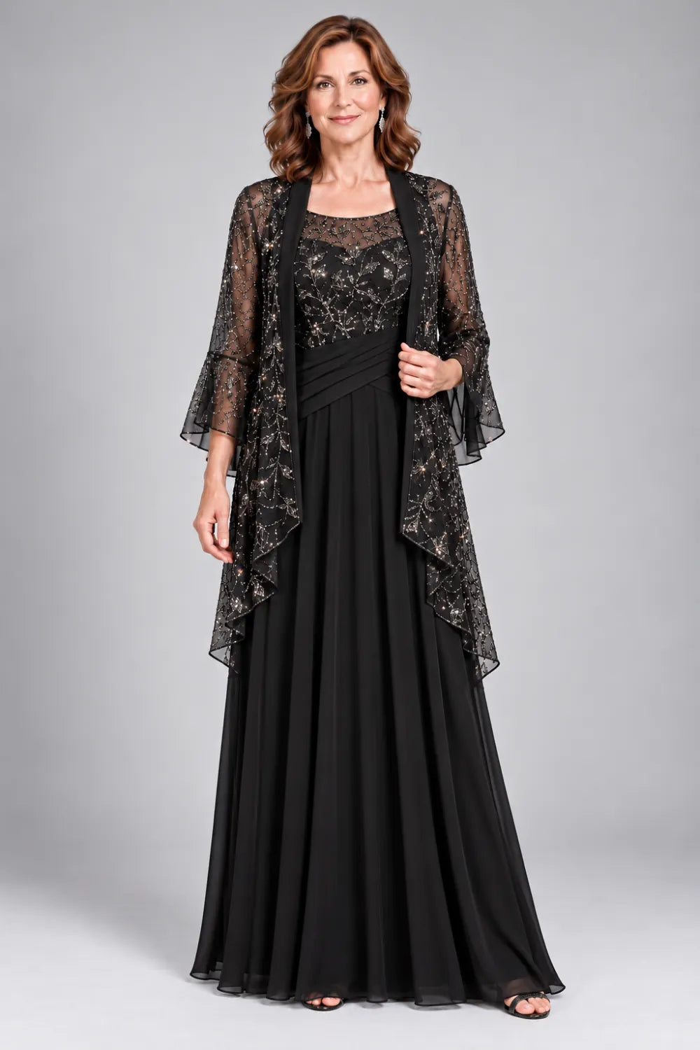 Black Lace-Bodice Gown with Waterfall Lace Jacket