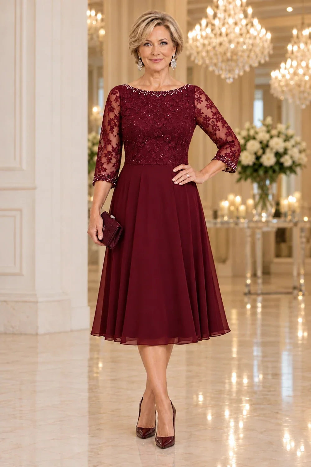 Black Floral Lace-Bodice Midi Dress with Three-Quarter Sleeves