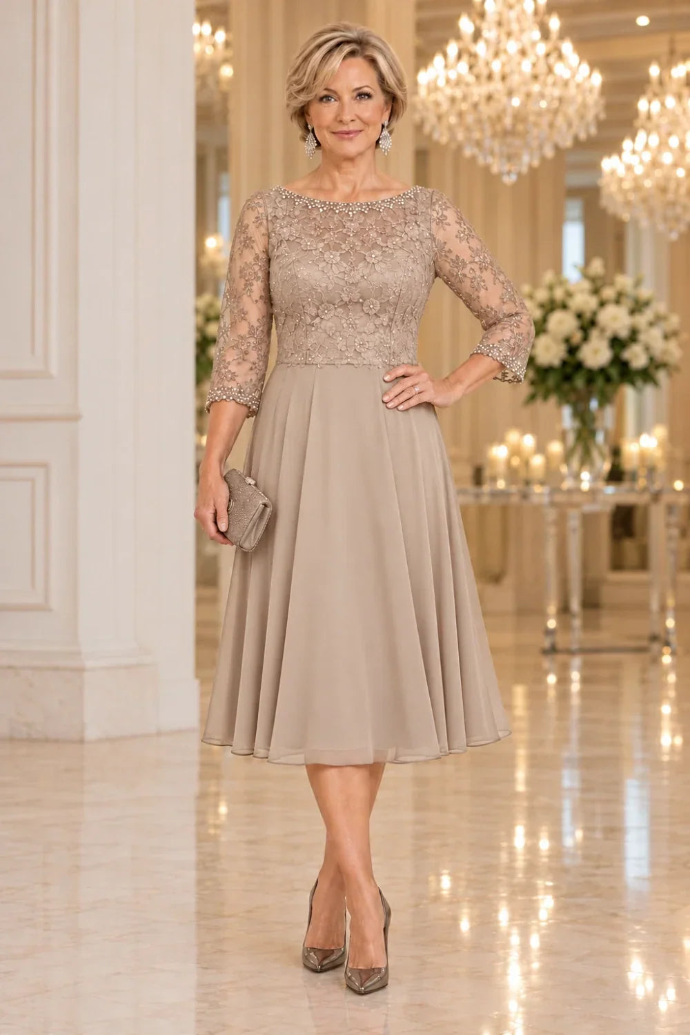 Black Floral Lace-Bodice Midi Dress with Three-Quarter Sleeves