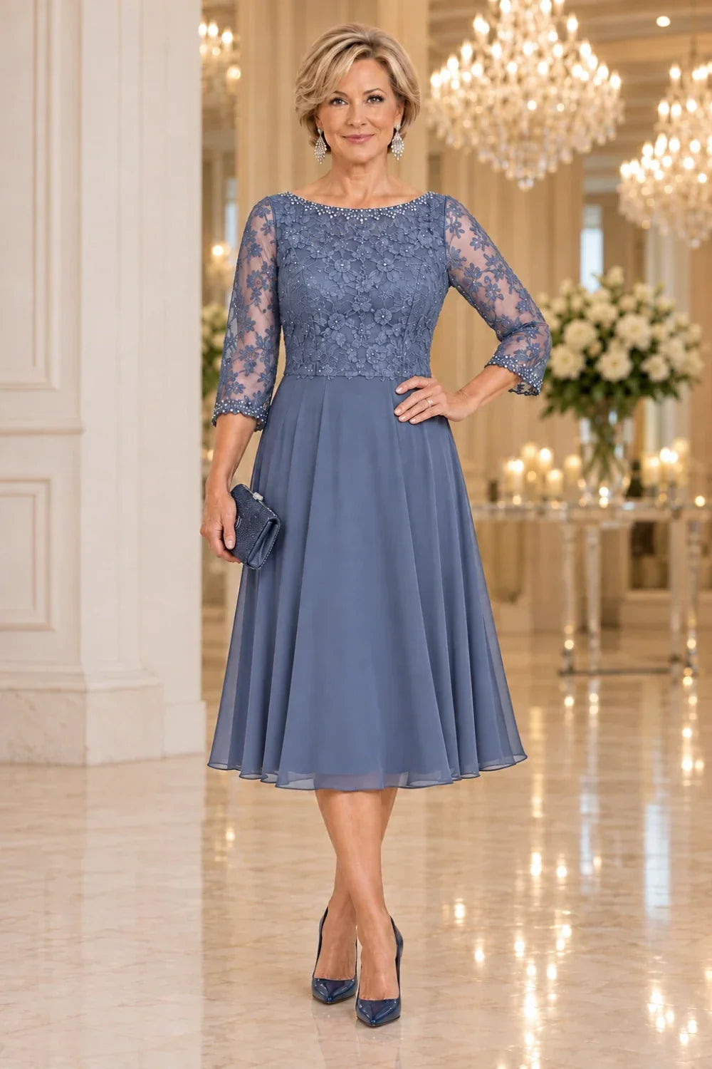 Black Floral Lace-Bodice Midi Dress with Three-Quarter Sleeves